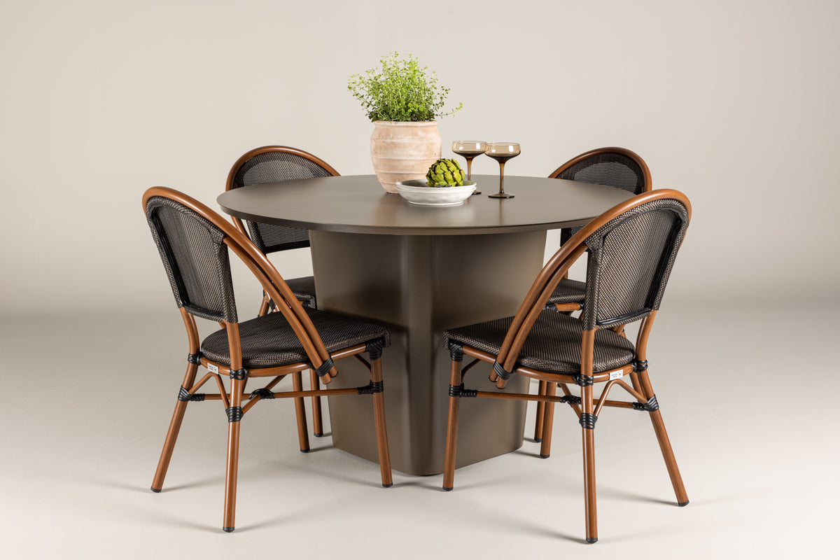 Rundt spisebord 120 Brun + Caféstol 2-pak Sort