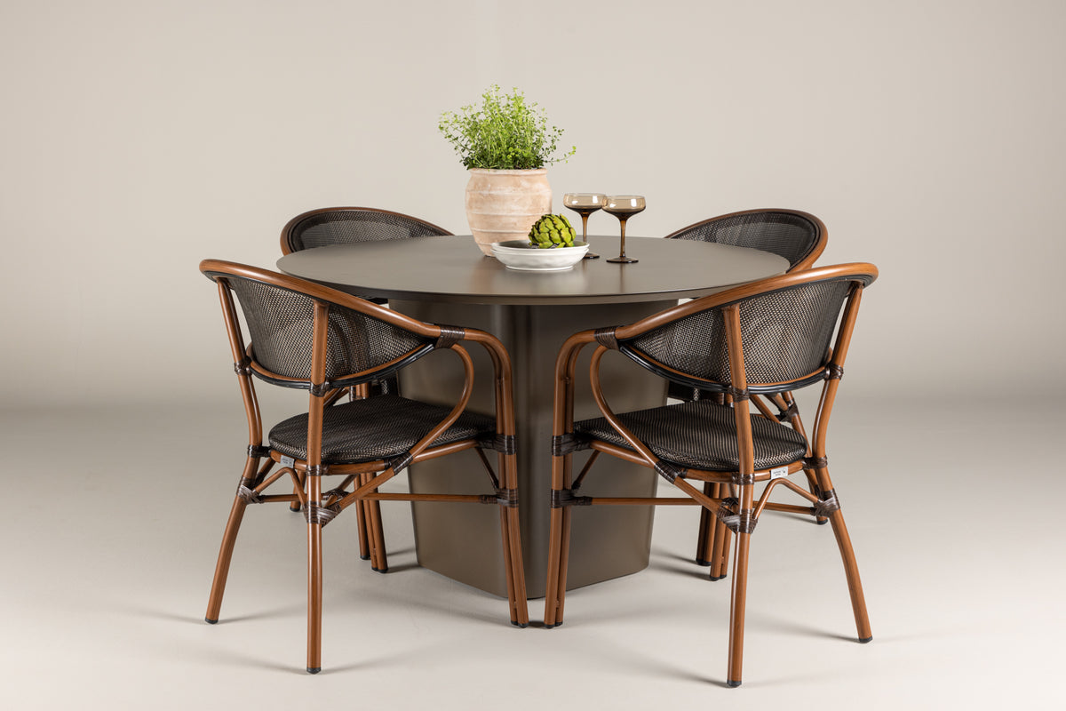 Rundt spisebord 120 Brun + Caféstol 2-pak Sort