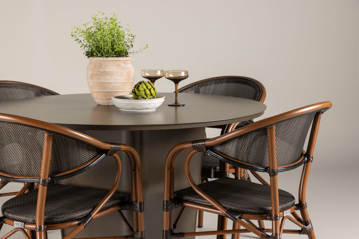 Rundt spisebord 120 Brun + Caféstol 2-pak Sort