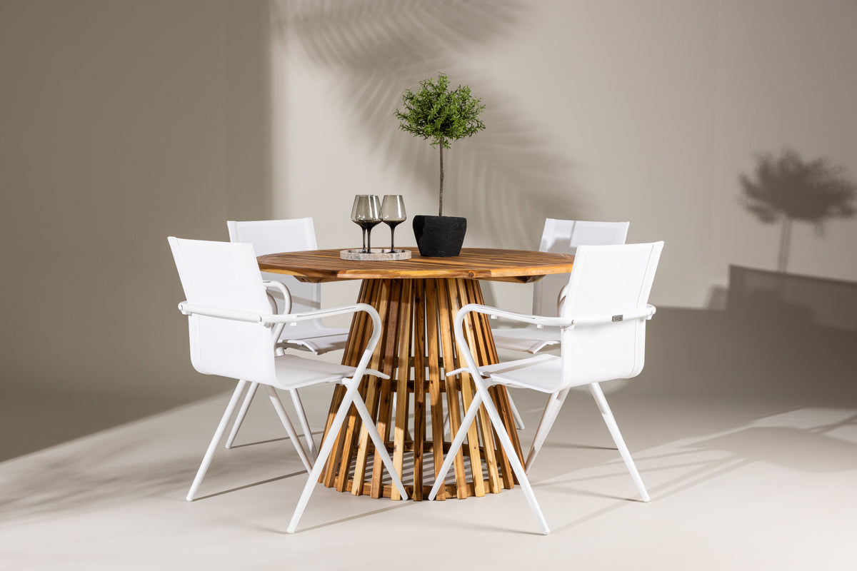 Alina & Lumpur Spisebordsstole 6-pak Hvid + Rundt Spisebord 120 Natur
