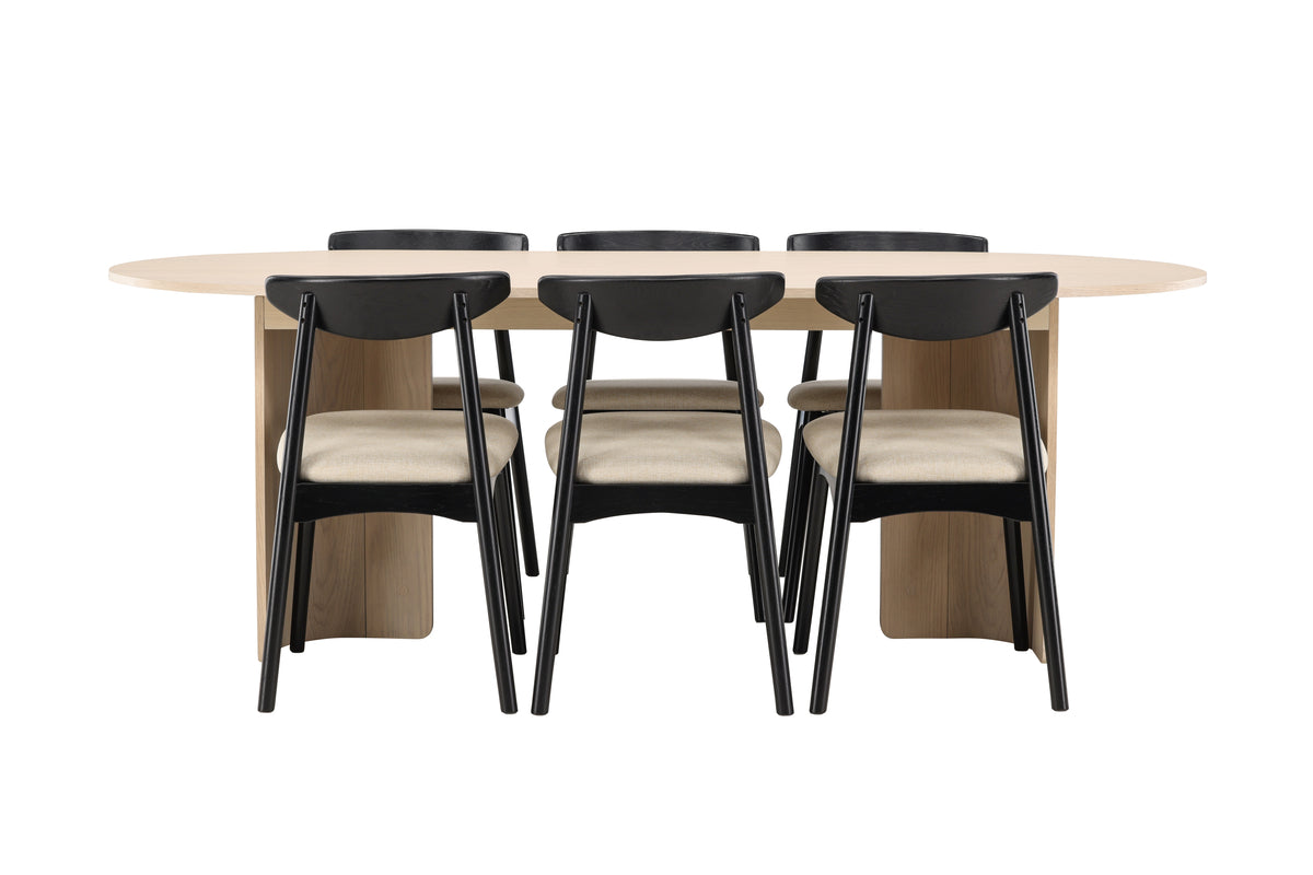 Spisebordsstol 2-pak Sort + Ovalt Spisebord 220 x 100 Whitewash