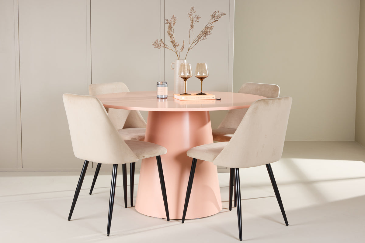 Rundt spisebord 120 Peach + Spisestol 2-pak Beige