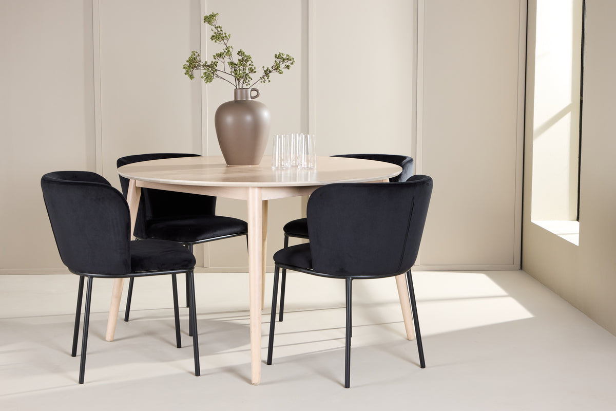 Spisebordsstol 2-pak Sort + Rundt spisebord 120 Whitewash