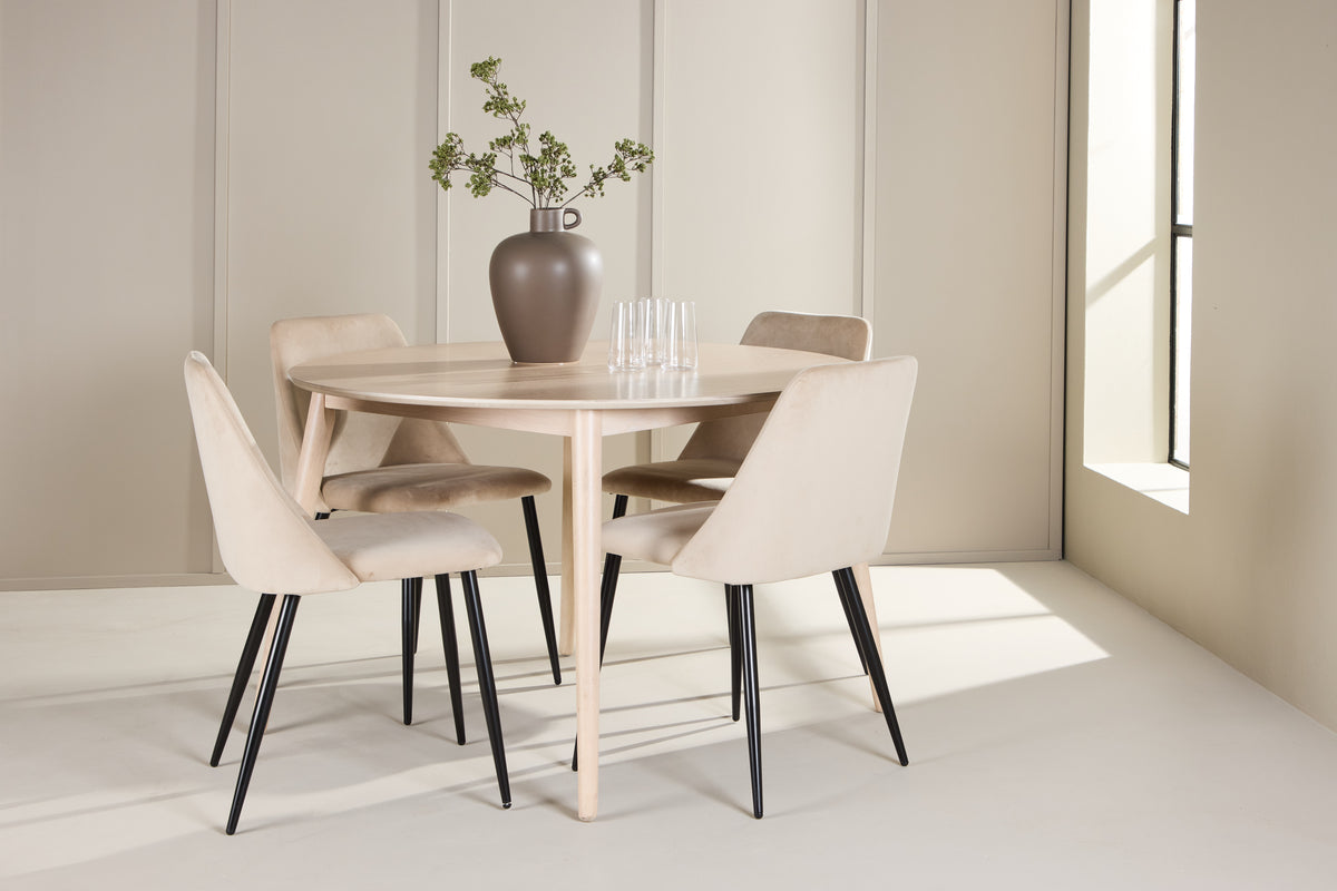 Spisebordsstol 2-pak Beige + Rundt spisebord 120 Whitewash