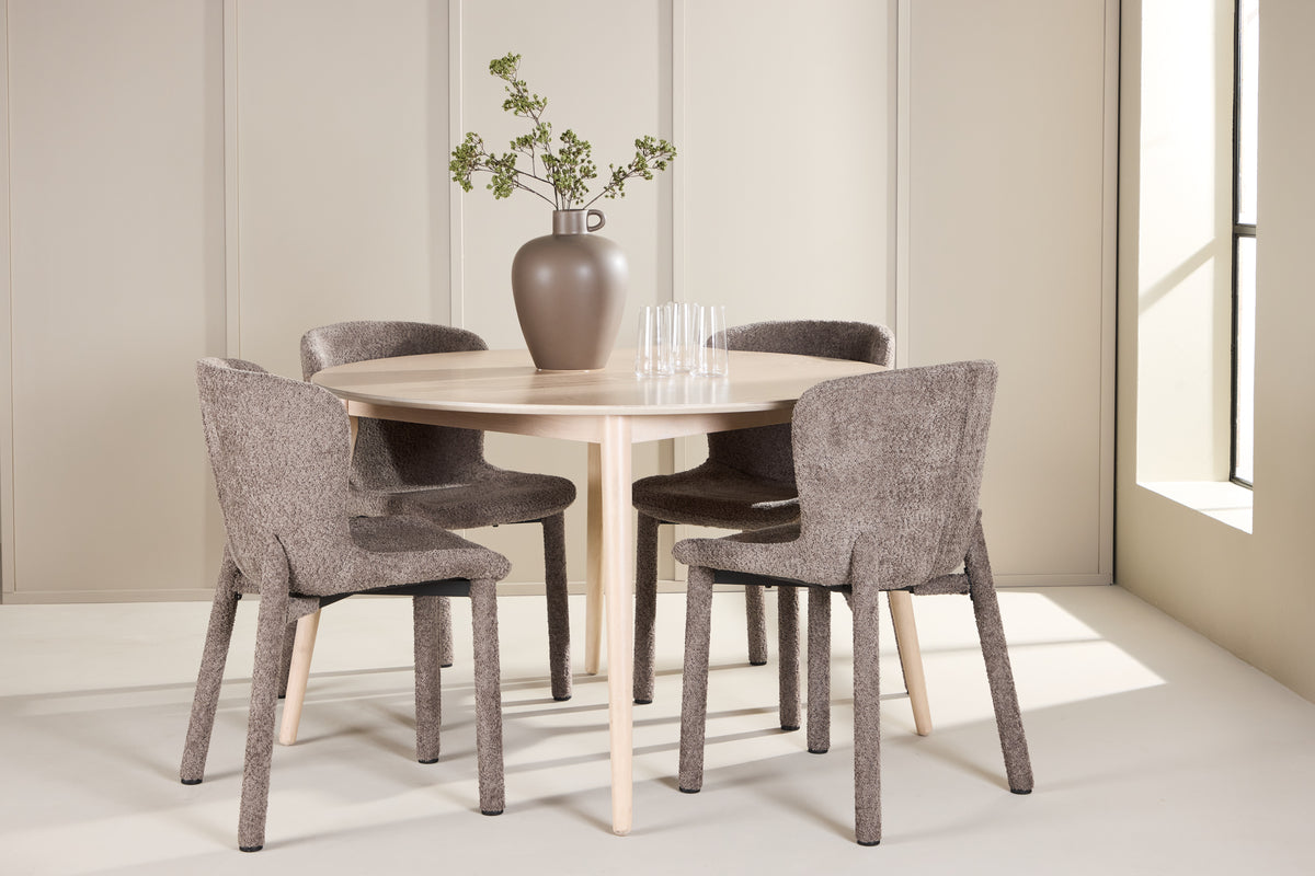 Rundt spisebord 120 Whitewash + Spisebordsstol 2-pak Brun