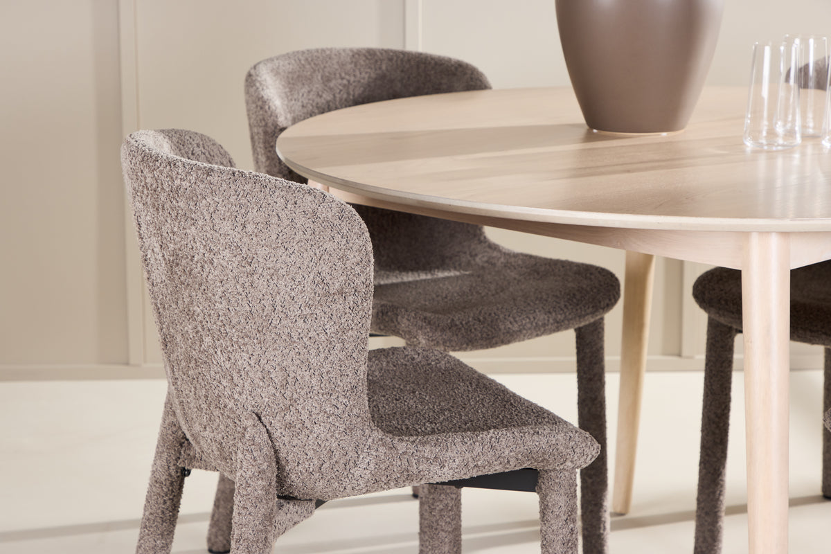 Rundt spisebord 120 Whitewash + Spisebordsstol 2-pak Brun
