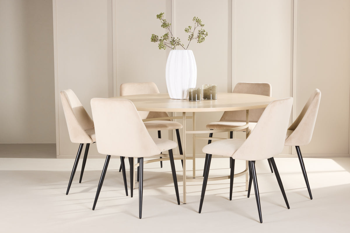 Spisebordsstol 2-pak Beige + Rundt spisebord 140 Whitewash