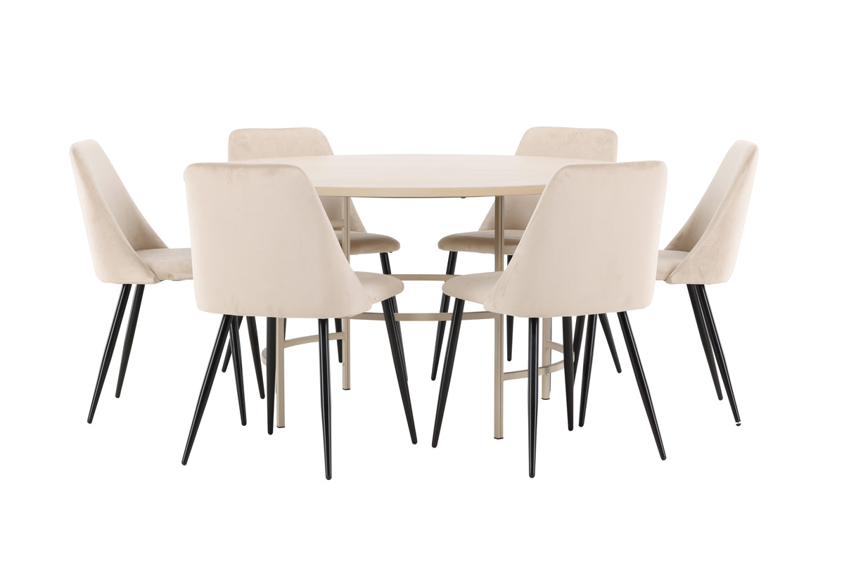 Spisebordsstol 2-pak Beige + Rundt spisebord 140 Whitewash