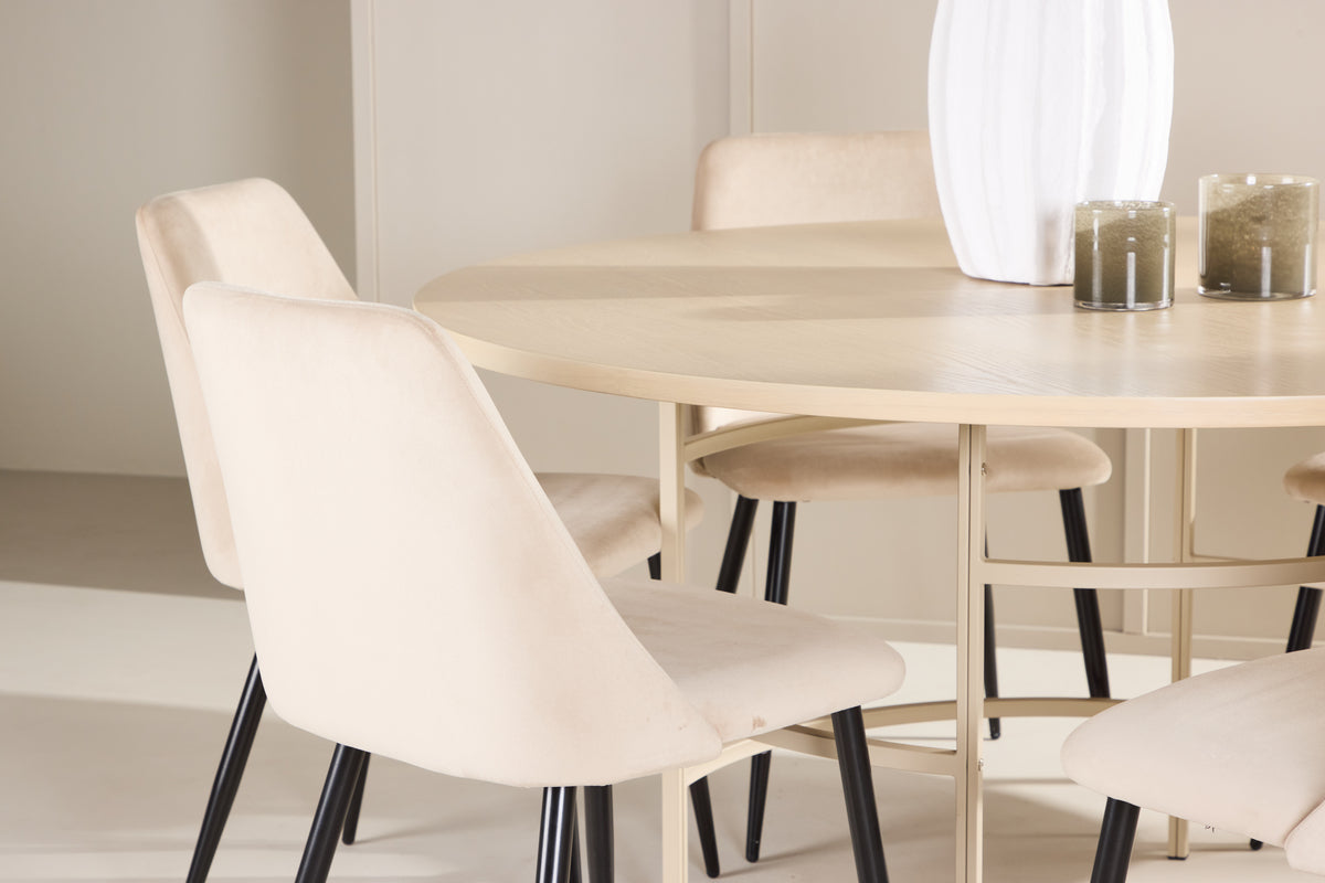 Spisebordsstol 2-pak Beige + Rundt spisebord 140 Whitewash