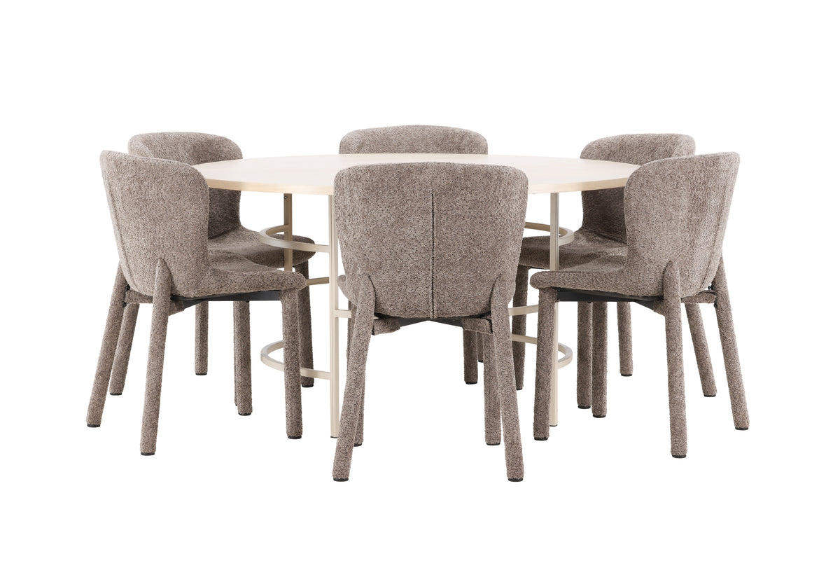 Rundt spisebord 140 Whitewash + Spisebordsstol 2-pak Brun