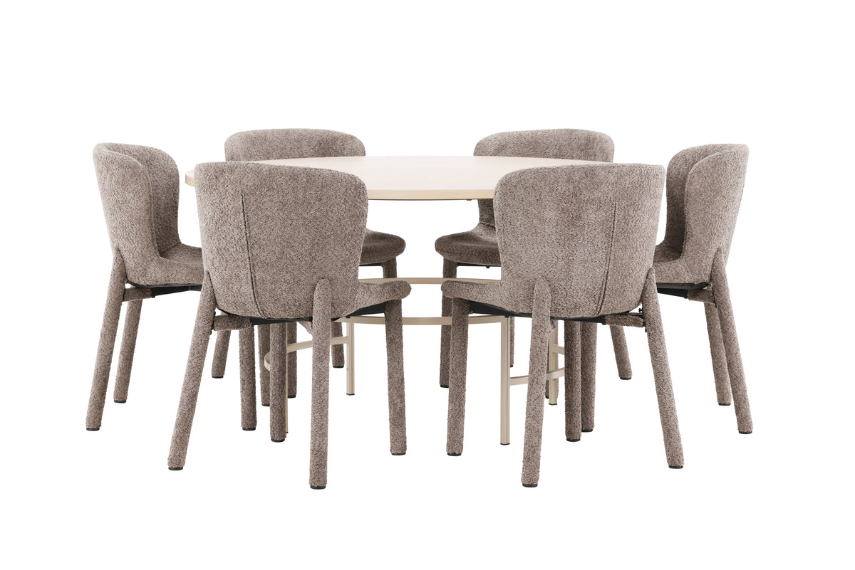 Rundt spisebord 140 Whitewash + Spisebordsstol 2-pak Brun