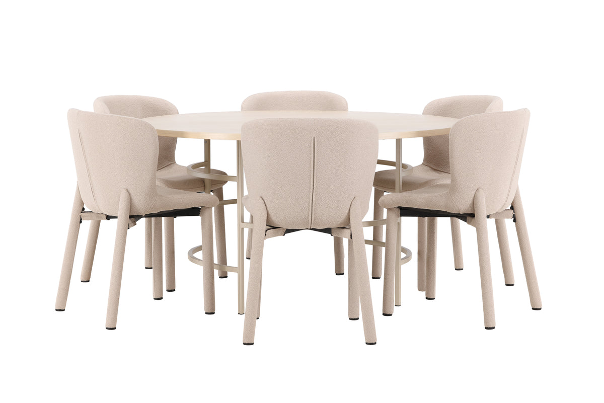 Rundt spisebord 140 Whitewash + Spisebordsstol 2-pak Beige