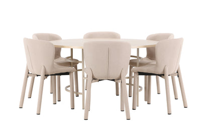 Rundt spisebord 140 Whitewash + Spisebordsstol 2-pak Beige