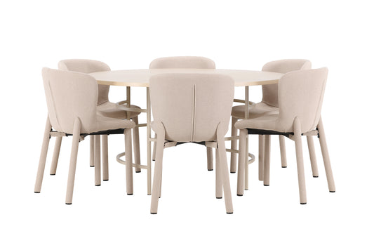 Rundt spisebord 140 Whitewash + Spisebordsstol 2-pak Beige