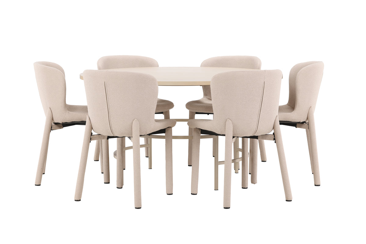 Rundt spisebord 140 Whitewash + Spisebordsstol 2-pak Beige