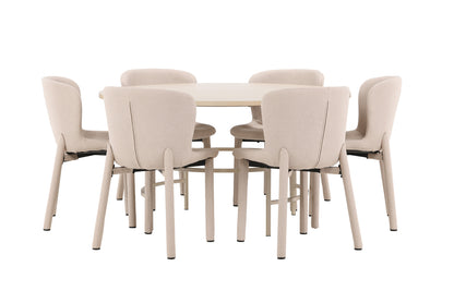 Rundt spisebord 140 Whitewash + Spisebordsstol 2-pak Beige