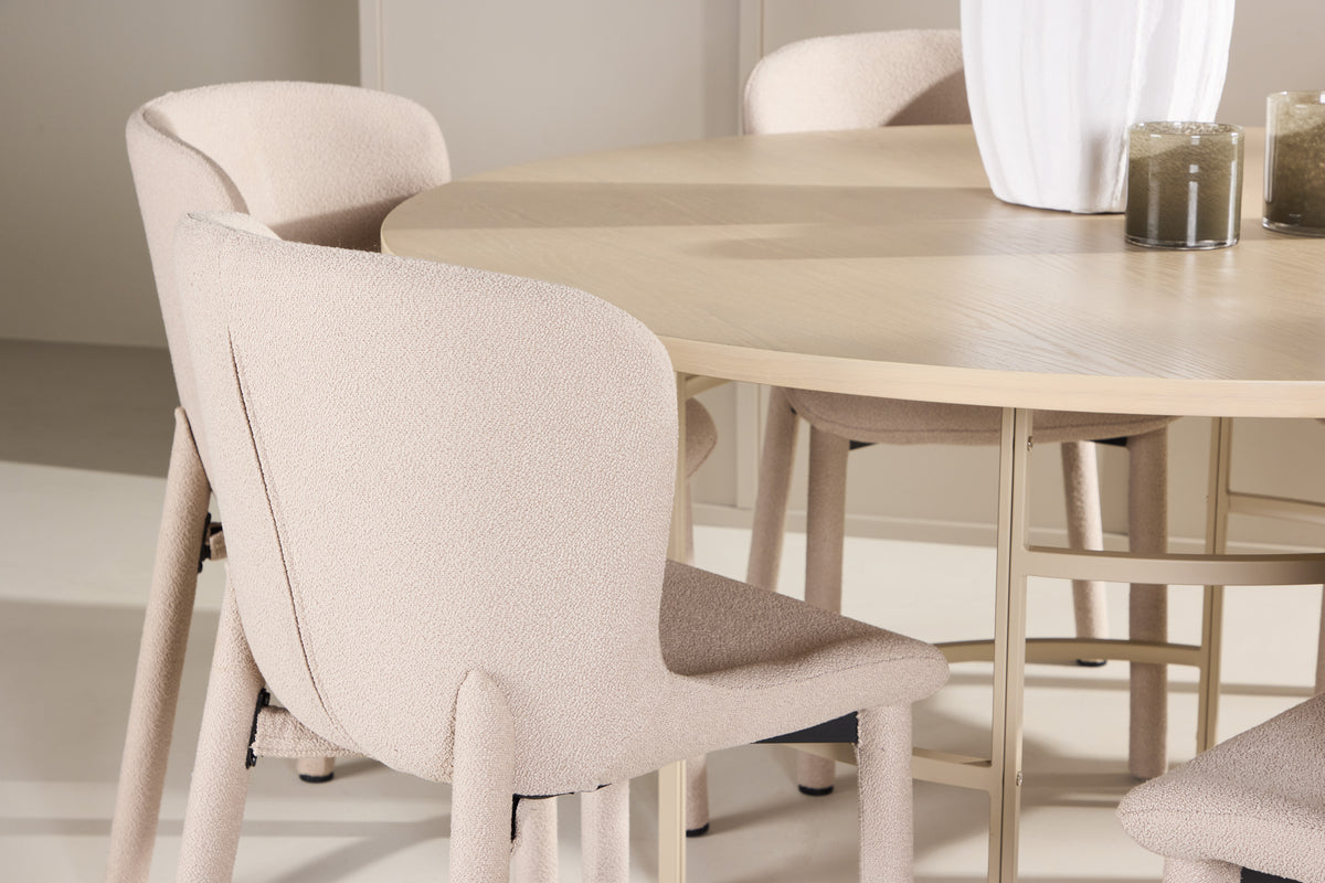 Rundt spisebord 140 Whitewash + Spisebordsstol 2-pak Beige