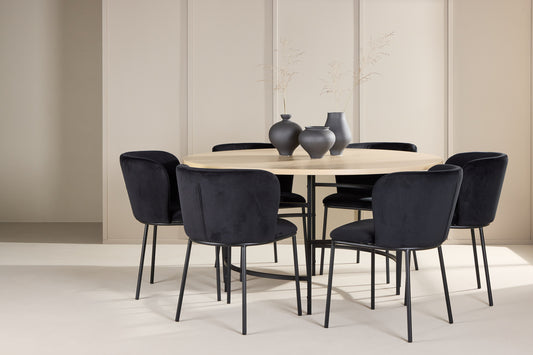 Spisebordsstol 2-pak Sort + Rundt Spisebord 140 Whitewash