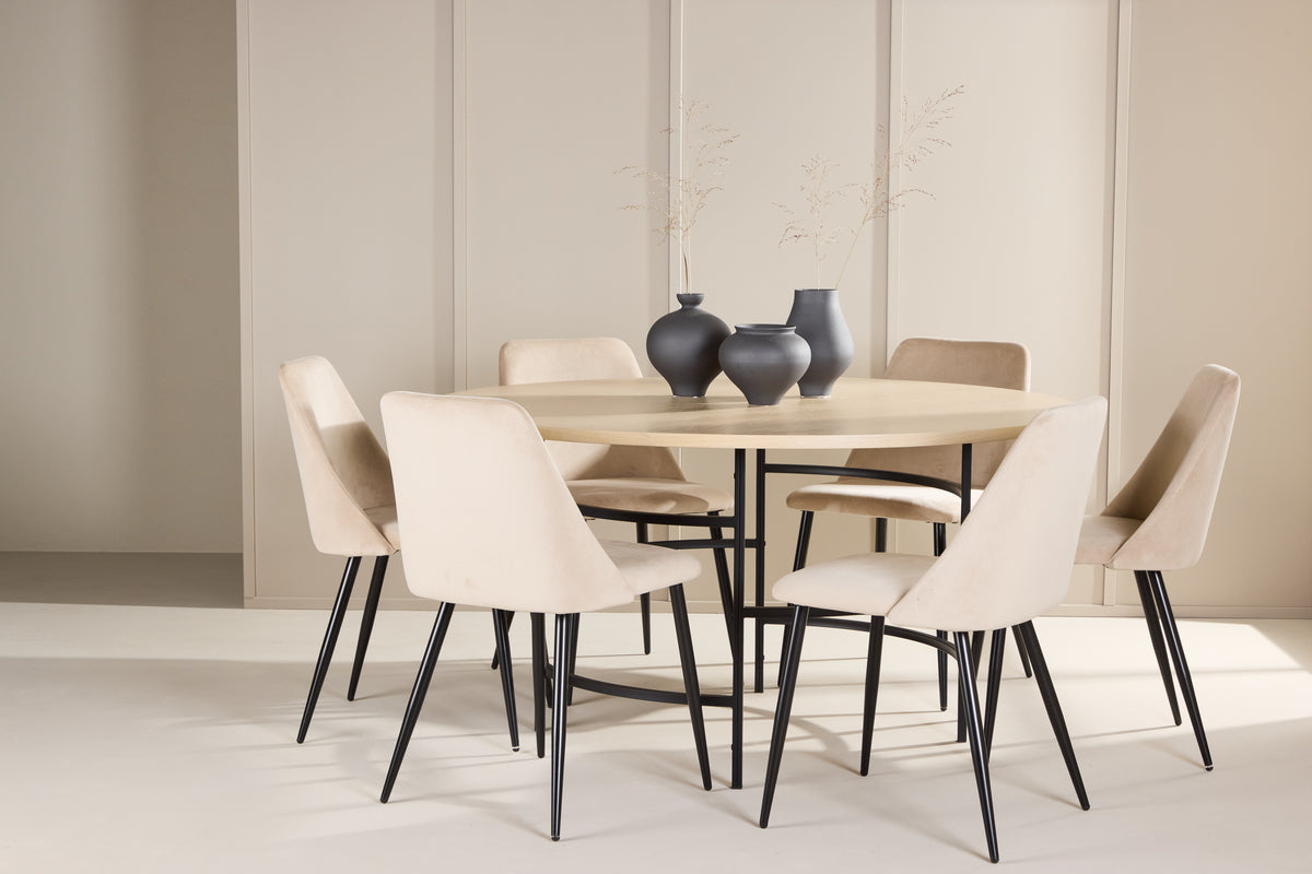 Spisebordsstol 2-pak Beige + Rundt spisebord 140 Whitewash