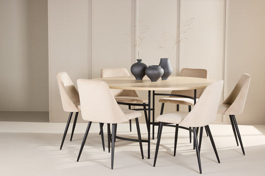 Spisebordsstol 2-pak Beige + Rundt spisebord 140 Whitewash