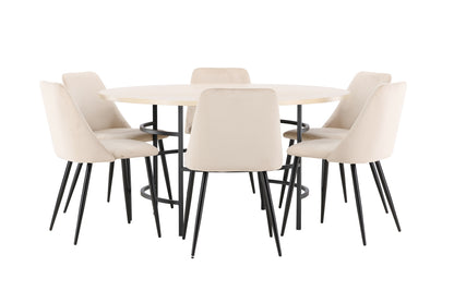 Spisebordsstol 2-pak Beige + Rundt spisebord 140 Whitewash