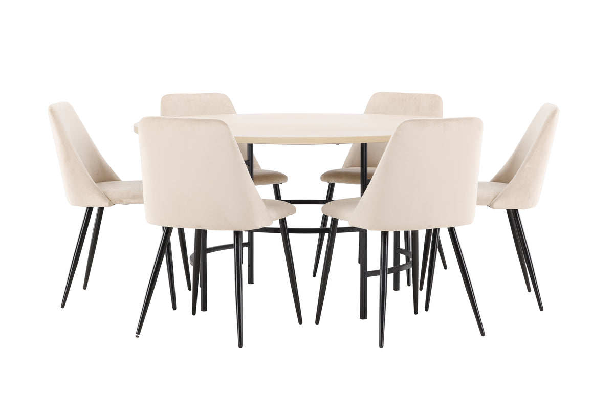 Spisebordsstol 2-pak Beige + Rundt spisebord 140 Whitewash