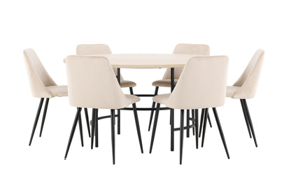Spisebordsstol 2-pak Beige + Rundt spisebord 140 Whitewash