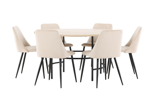 Spisebordsstol 2-pak Beige + Rundt spisebord 140 Whitewash