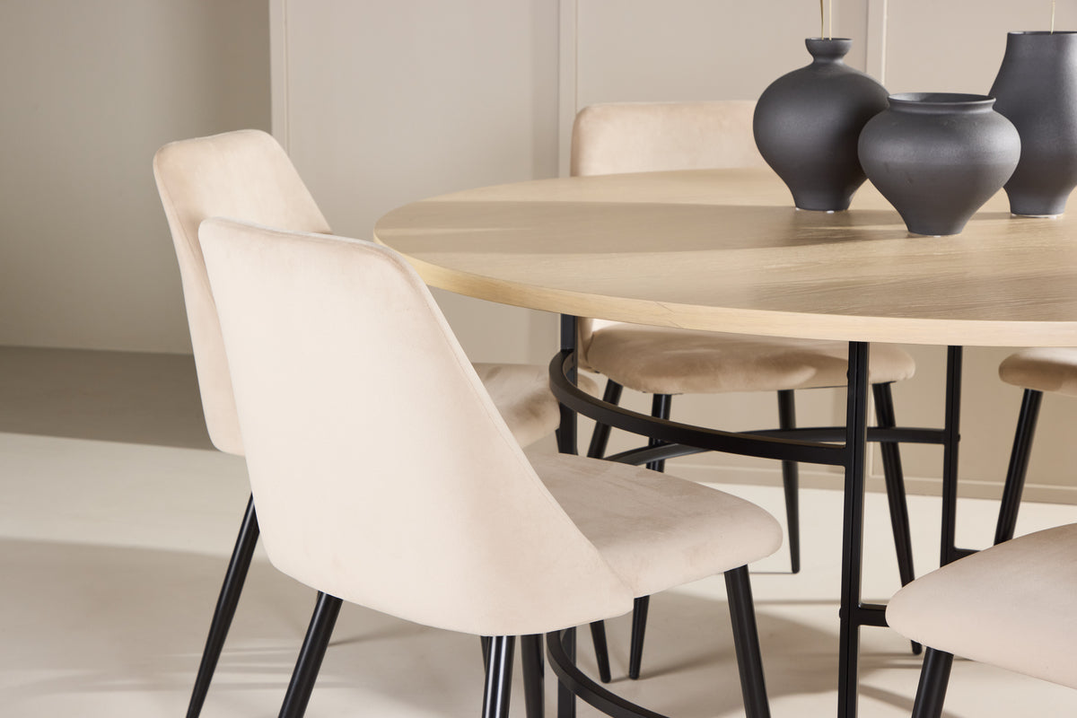 Spisebordsstol 2-pak Beige + Rundt spisebord 140 Whitewash