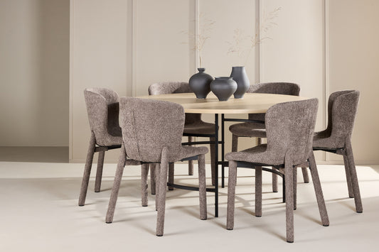 Rundt spisebord 140 Whitewash + Spisebordsstol 2-pak Brun