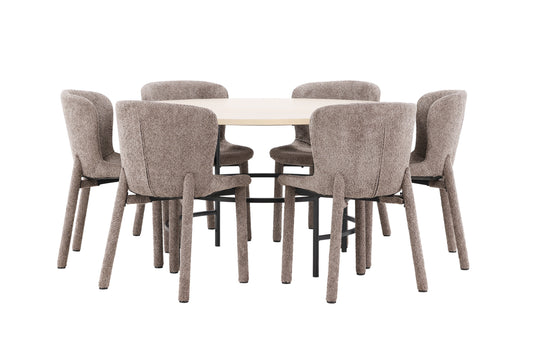 Rundt spisebord 140 Whitewash + Spisebordsstol 2-pak Brun
