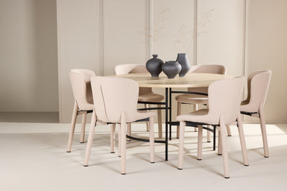 Rundt spisebord 140 Whitewash + Spisebordsstol 2-pak Beige