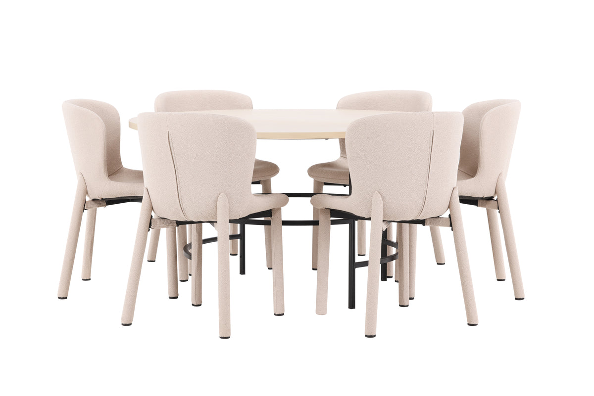Rundt spisebord 140 Whitewash + Spisebordsstol 2-pak Beige