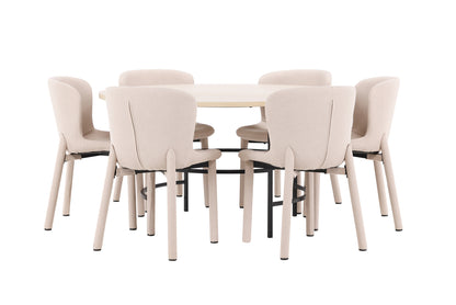 Rundt spisebord 140 Whitewash + Spisebordsstol 2-pak Beige