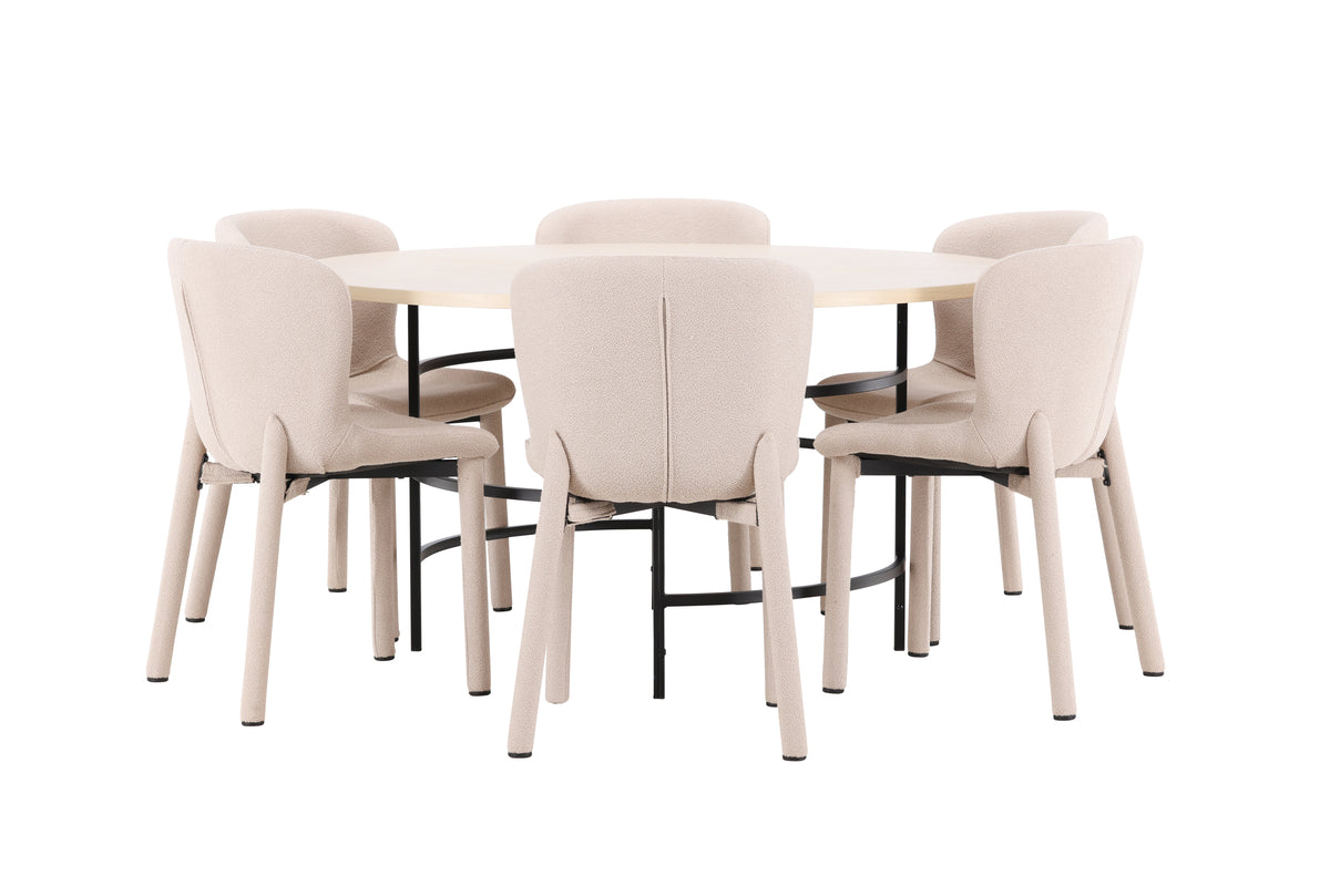 Rundt spisebord 140 Whitewash + Spisebordsstol 2-pak Beige