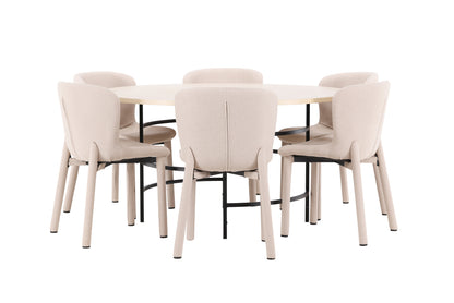 Rundt spisebord 140 Whitewash + Spisebordsstol 2-pak Beige
