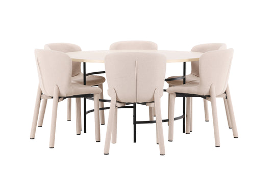 Rundt spisebord 140 Whitewash + Spisebordsstol 2-pak Beige