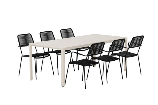 Lindos & Giardini Spisebordsstol 2-pak Sort + Rektangulært Spisebord 200 x 90 Beige