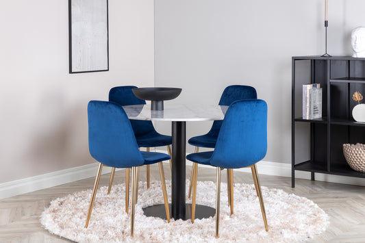 Rundt spisebord 106 Hvid + Spisebordsstol 2-pak Blå