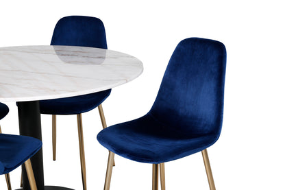 Rundt spisebord 106 Hvid + Spisebordsstol 2-pak Blå