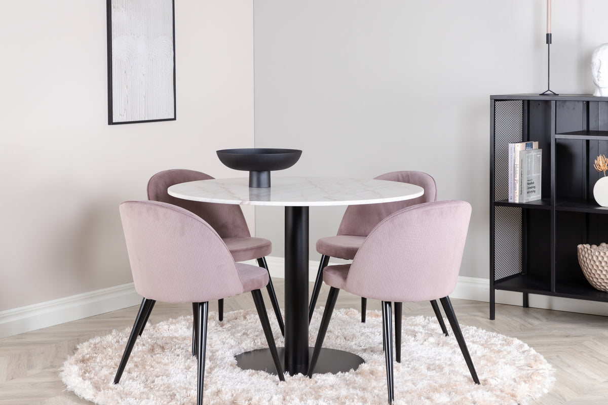 Rundt spisebord 106 Hvid + Spisebordsstol 2-pak Dusty Pink
