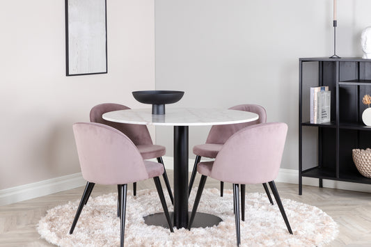 Rundt spisebord 106 Hvid + Spisebordsstol 2-pak Dusty Pink