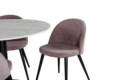 Rundt spisebord 106 Hvid + Spisebordsstol 2-pak Dusty Pink