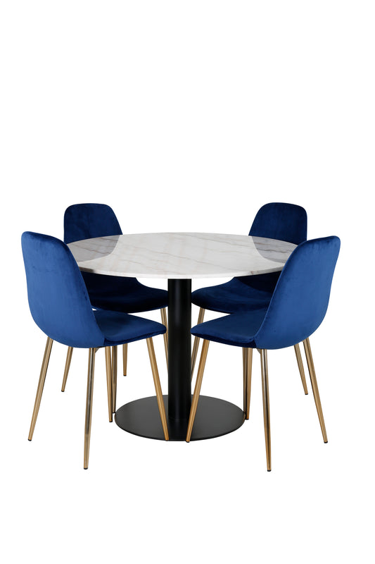 Rundt spisebord 106 Hvid + Spisebordsstol 2-pak Blå